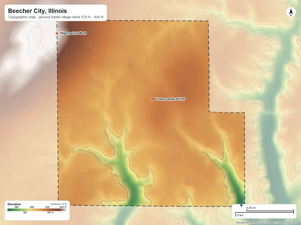 Topographic elevation map of Beecher City, Illinois, shaded from 570 ft on the southeast side to 640 ft on the northwest side