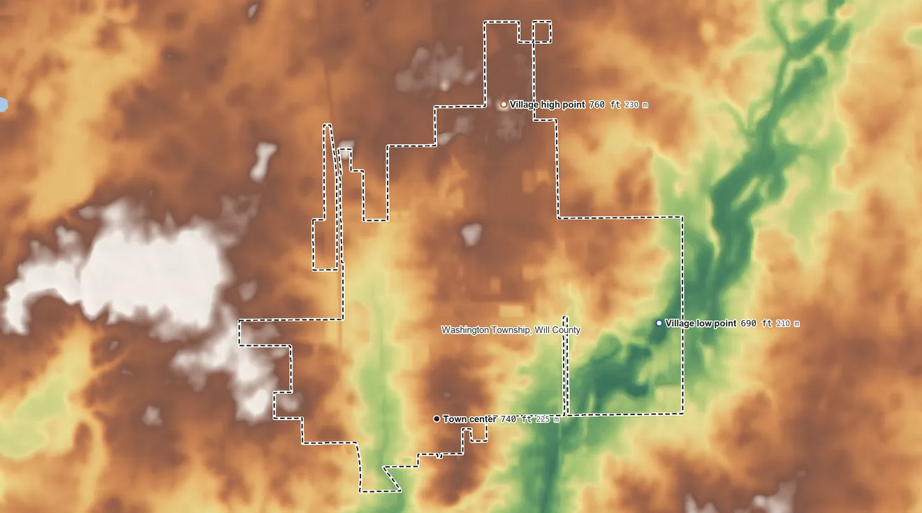 Topographic elevation map of Beecher, Illinois, shaded from 690 ft on the northeast side to 760 ft on the north side