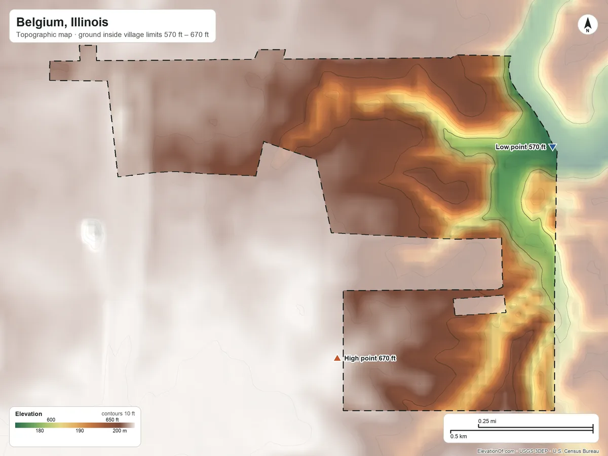 Topographic elevation map of Belgium, Illinois, shaded from 570 ft on the east side to 670 ft on the south side