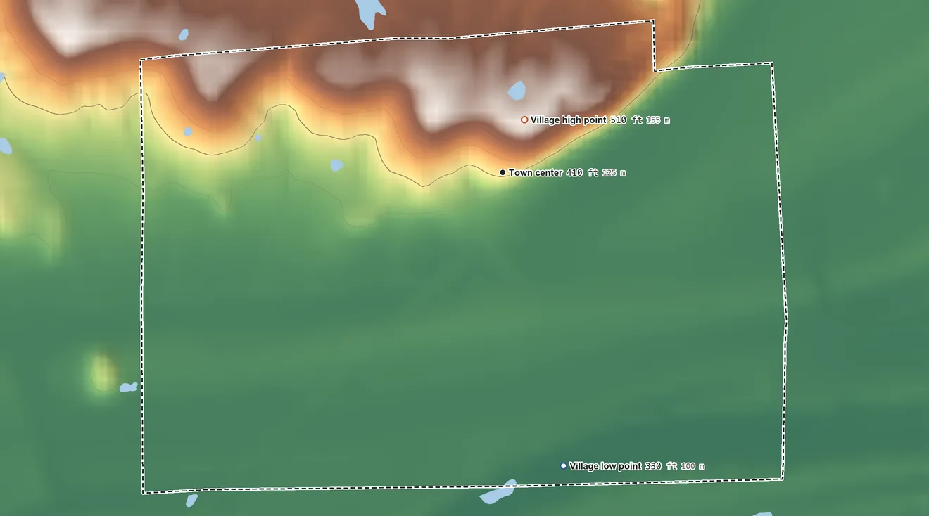 Topographic elevation map of Belknap, Illinois, shaded from 330 ft on the south side to 510 ft near the middle