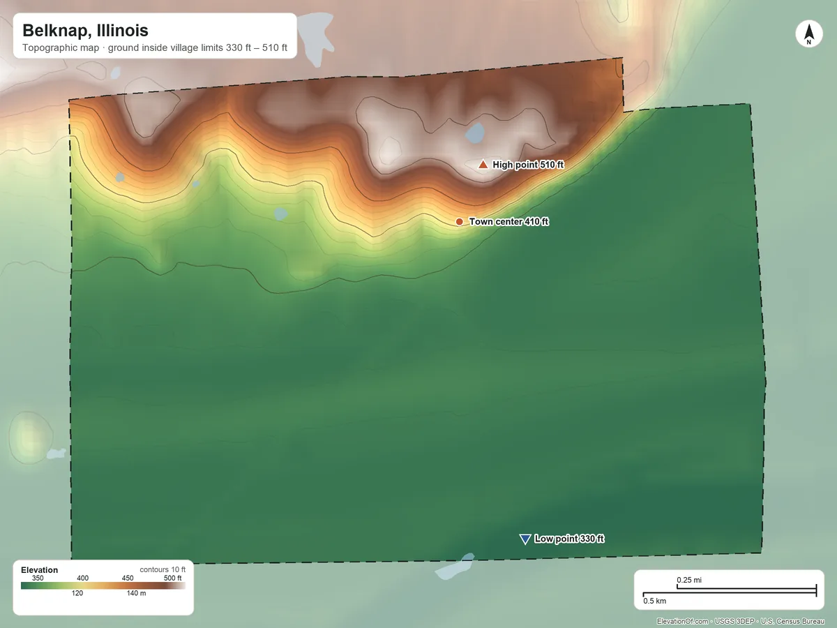 Topographic elevation map of Belknap, Illinois, shaded from 330 ft on the south side to 510 ft near the middle