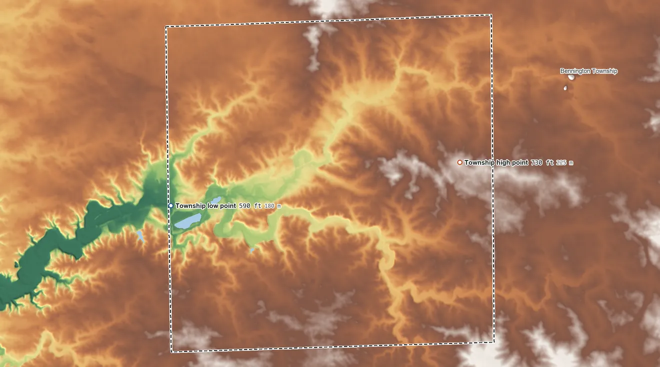 Topographic elevation map of Bell Plain Township, Illinois, shaded from 590 ft on the west side to 730 ft on the east side