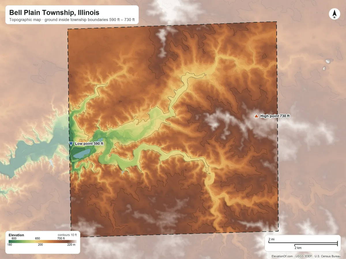 Topographic elevation map of Bell Plain Township, Illinois, shaded from 590 ft on the west side to 730 ft on the east side