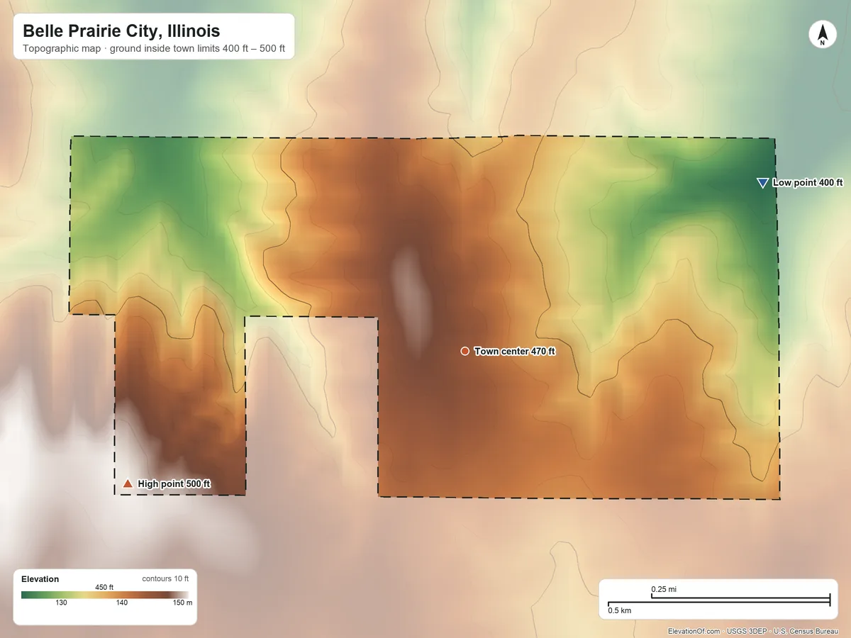 Topographic elevation map of Belle Prairie City, Illinois, shaded from 400 ft on the northeast side to 500 ft on the west side