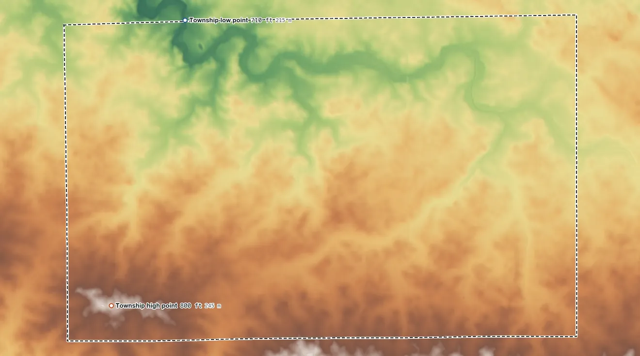 Topographic elevation map of Belle Prairie Township, Illinois, shaded from 710 ft on the northwest side to 800 ft on the southwest side
