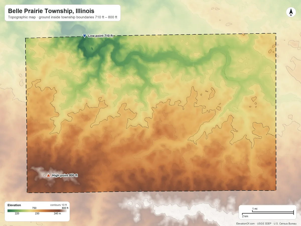 Topographic elevation map of Belle Prairie Township, Illinois, shaded from 710 ft on the northwest side to 800 ft on the southwest side