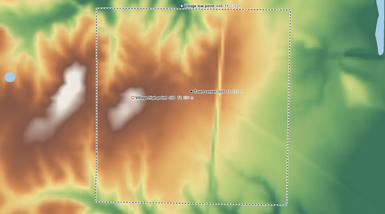 Topographic elevation map of Belle Rive, Illinois, shaded from 440 ft on the north side to 490 ft on the west side