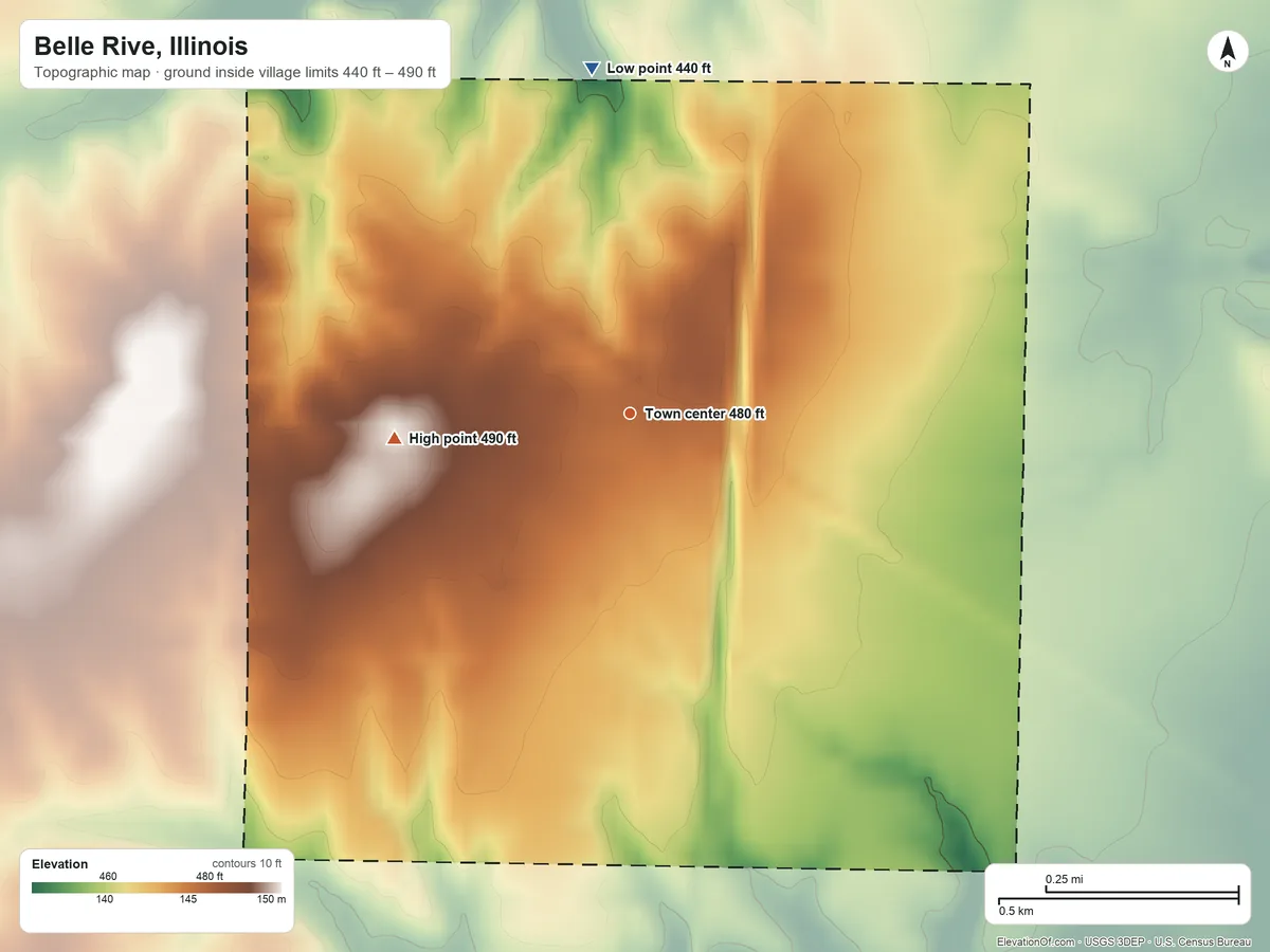 Topographic elevation map of Belle Rive, Illinois, shaded from 440 ft on the north side to 490 ft on the west side