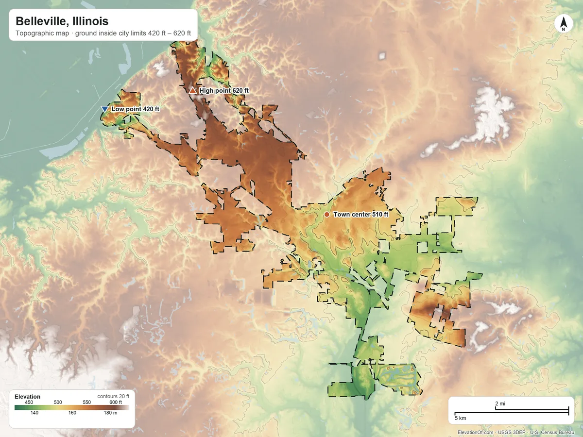 Topographic elevation map of Belleville, Illinois, shaded from 420 ft on the northwest side to 620 ft on the northwest side