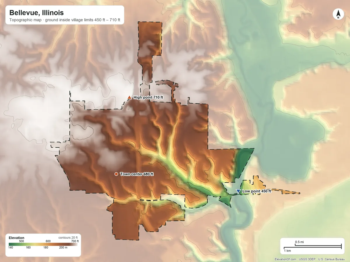 Topographic elevation map of Bellevue, Illinois, shaded from 450 ft on the east side to 710 ft on the north side