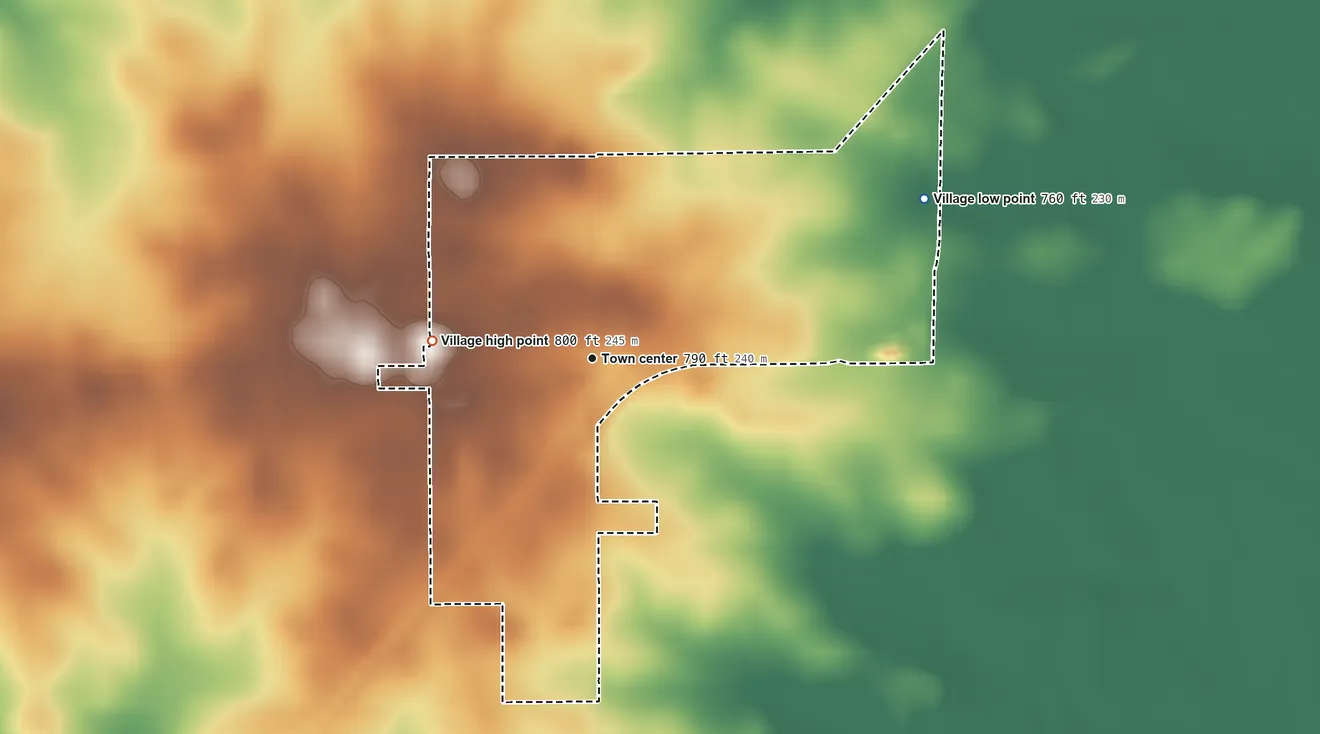 Topographic elevation map of Bellflower, Illinois, shaded from 760 ft on the northeast side to 800 ft on the west side