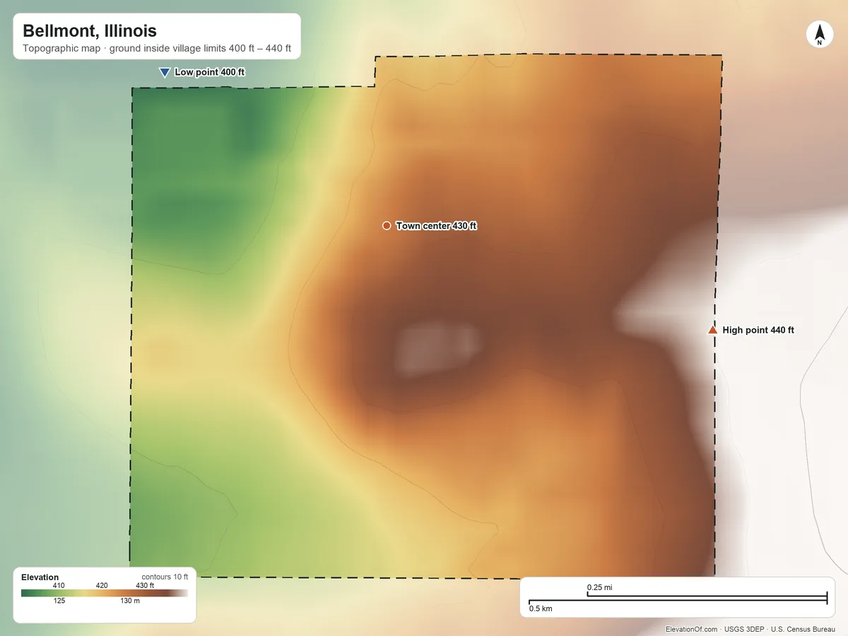 Topographic elevation map of Bellmont, Illinois, shaded from 400 ft on the northwest side to 440 ft on the east side