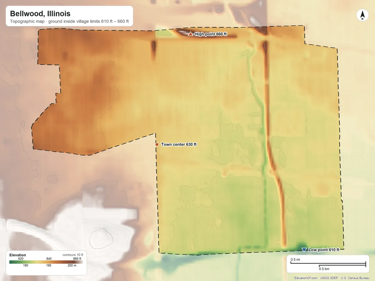 Topographic elevation map of Bellwood, Illinois, shaded from 610 ft on the southeast side to 660 ft on the north side