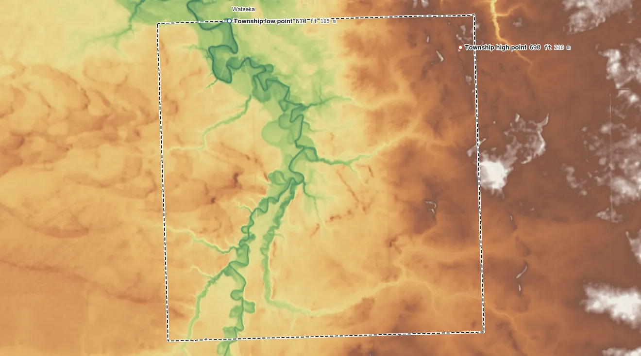Topographic elevation map of Belmont Township, Illinois, shaded from 610 ft near the middle to 690 ft on the east side