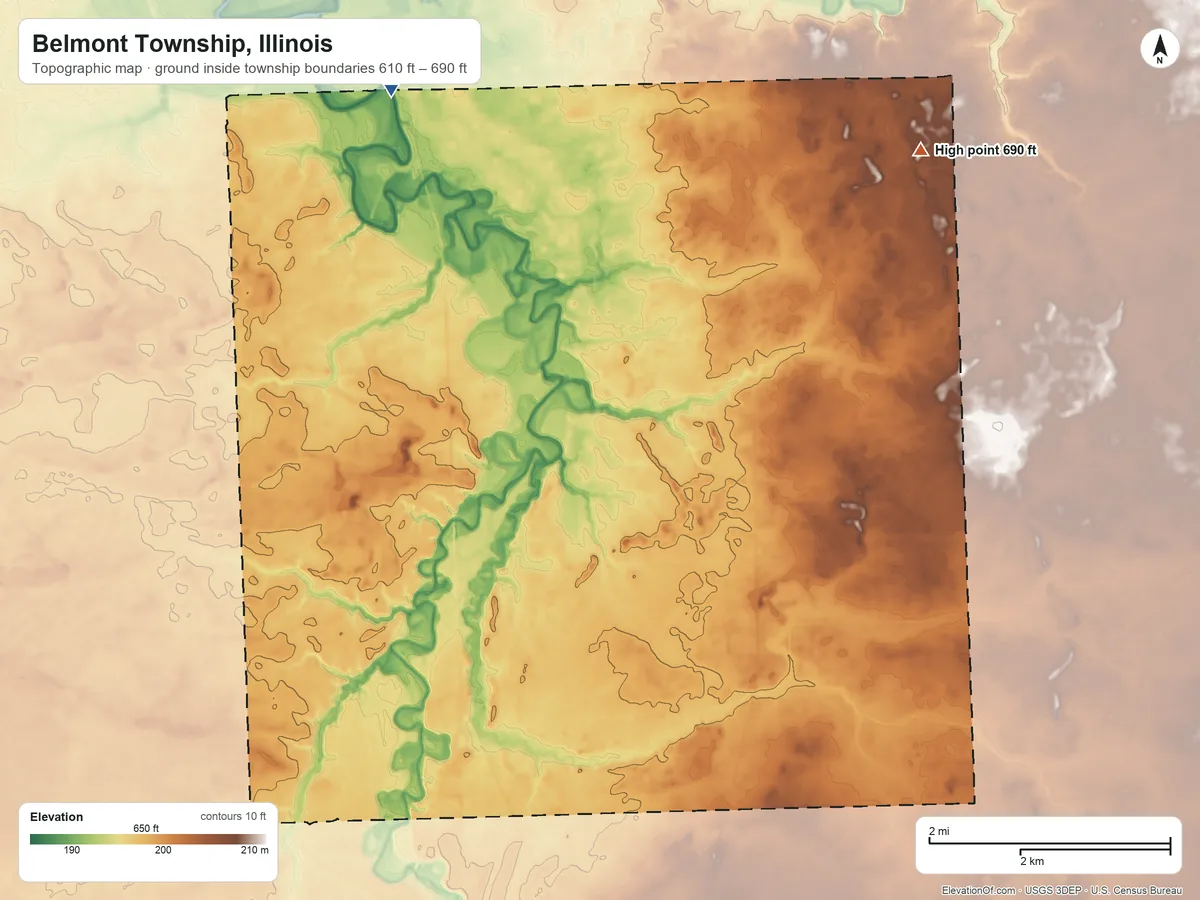 Topographic elevation map of Belmont Township, Illinois, shaded from 610 ft near the middle to 690 ft on the east side