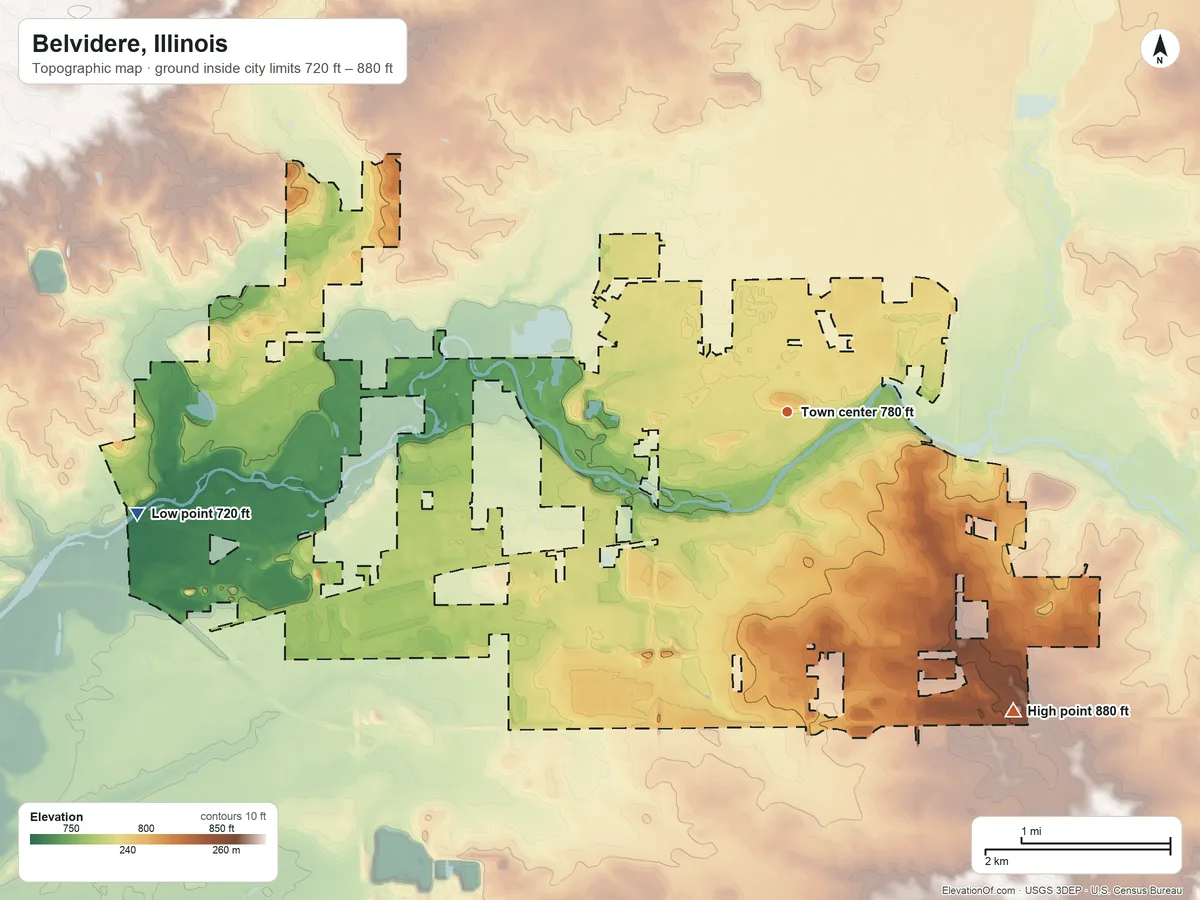 Topographic elevation map of Belvidere, Illinois, shaded from 720 ft on the west side to 880 ft on the southeast side
