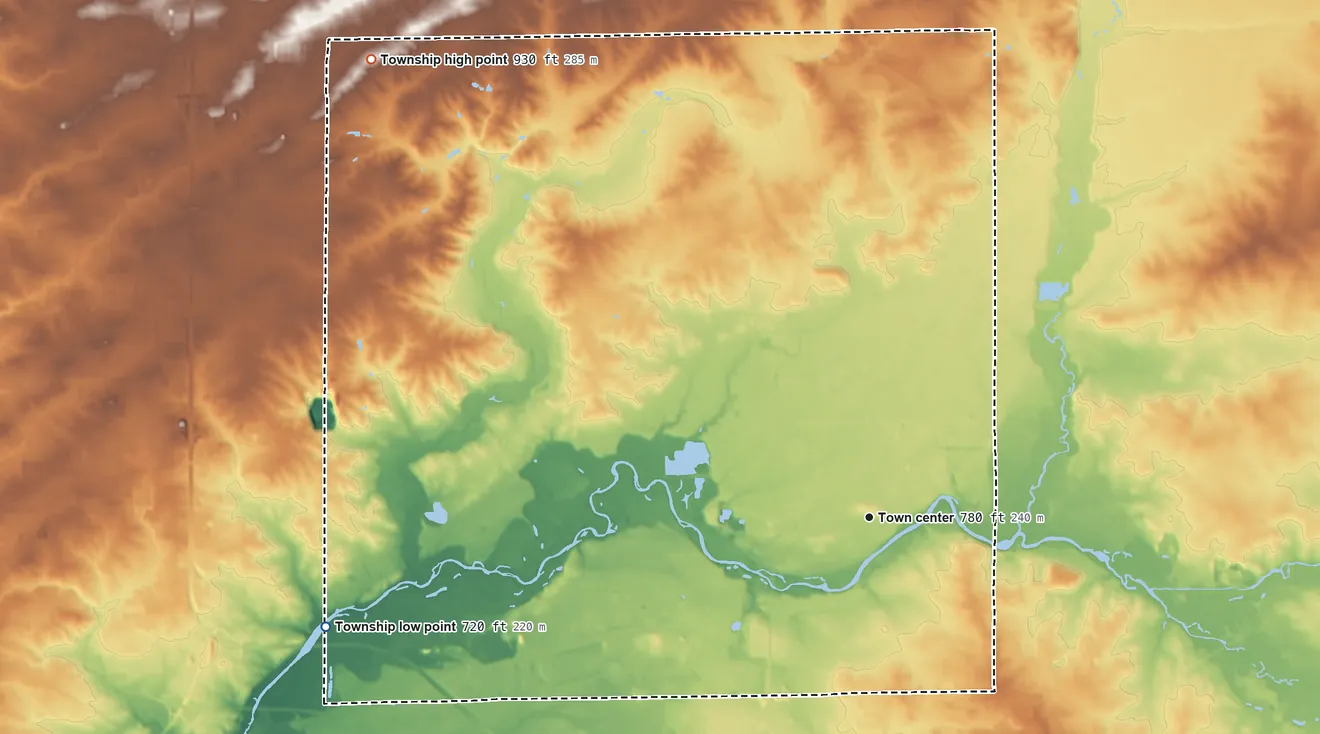 Topographic elevation map of Belvidere Township, Illinois, shaded from 720 ft on the west side to 930 ft on the northwest side