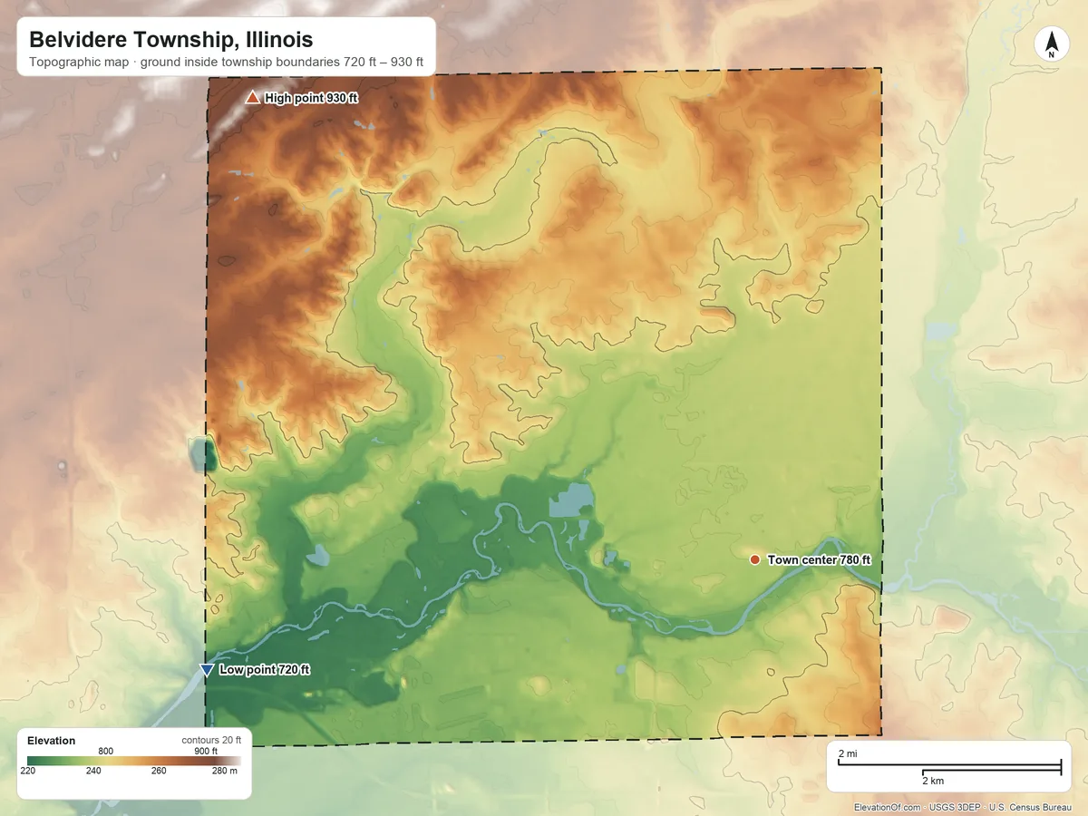 Topographic elevation map of Belvidere Township, Illinois, shaded from 720 ft on the west side to 930 ft on the northwest side