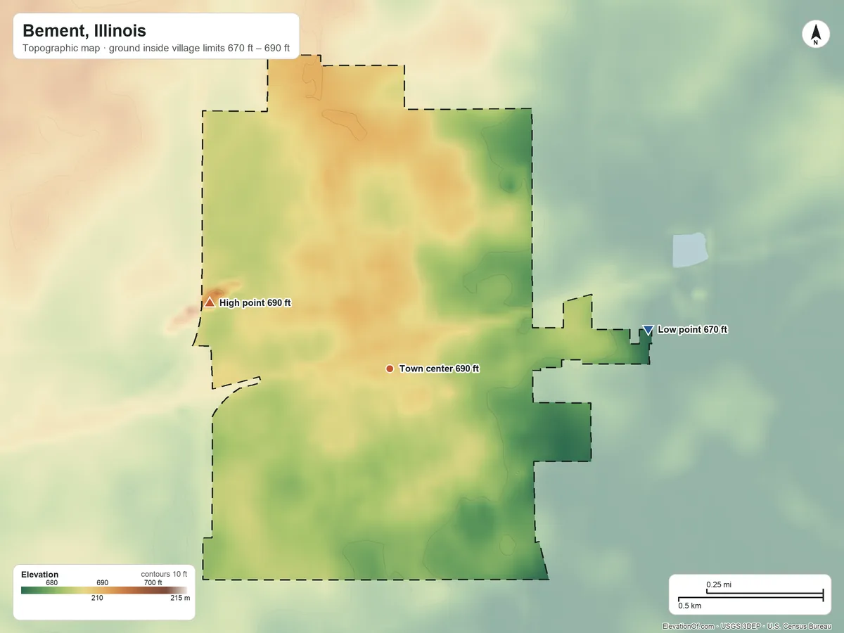 Topographic elevation map of Bement, Illinois, shaded from 670 ft on the east side to 690 ft on the west side