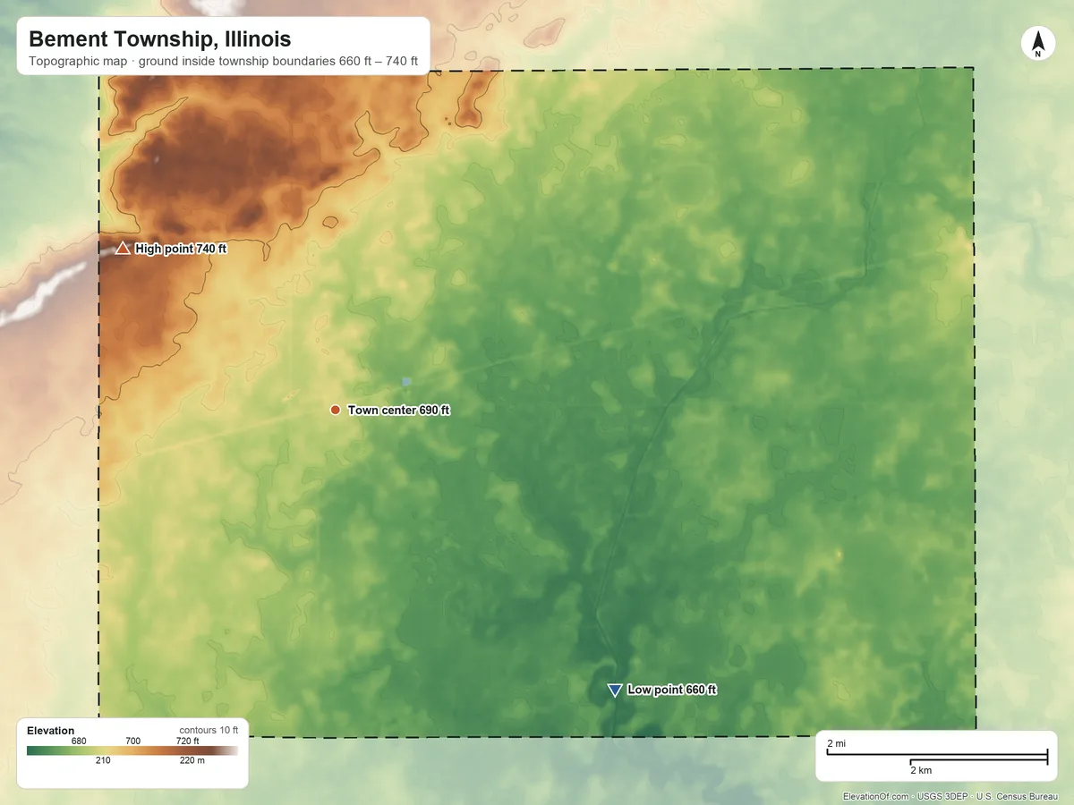 Topographic elevation map of Bement Township, Illinois, shaded from 660 ft on the southeast side to 740 ft on the northwest side