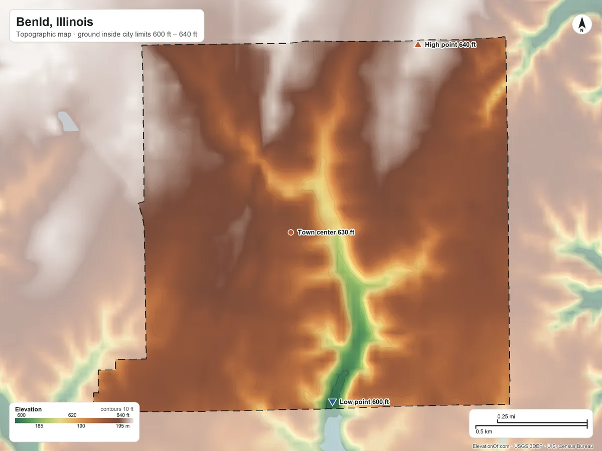 Topographic elevation map of Benld, Illinois, shaded from 600 ft on the south side to 640 ft on the northeast side