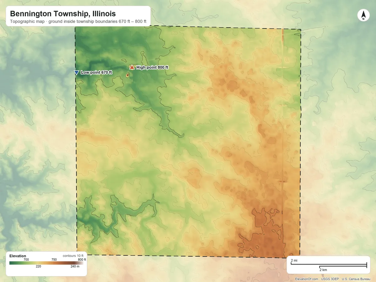 Topographic elevation map of Bennington Township, Illinois, shaded from 670 ft on the west side to 800 ft near the middle