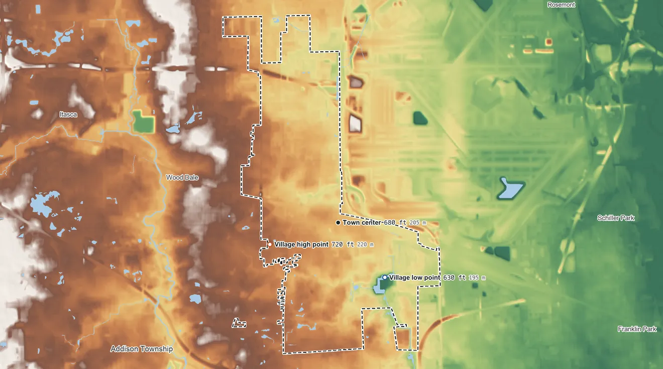 Topographic elevation map of Bensenville, Illinois, shaded from 630 ft on the southeast side to 720 ft on the west side