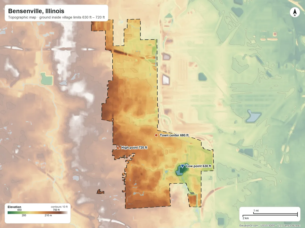 Topographic elevation map of Bensenville, Illinois, shaded from 630 ft on the southeast side to 720 ft on the west side