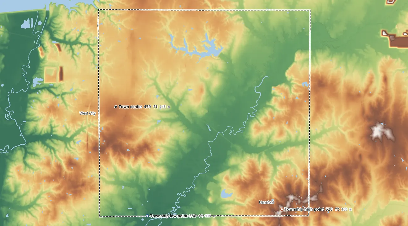 Topographic elevation map of Benton Township, Franklin County, Illinois, shaded from 380 ft on the south side to 520 ft on the southeast side