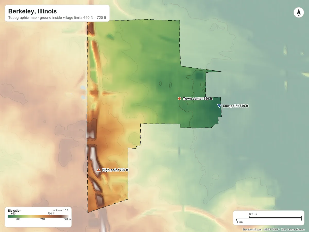 Topographic elevation map of Berkeley, Illinois, shaded from 640 ft on the east side to 720 ft on the southwest side