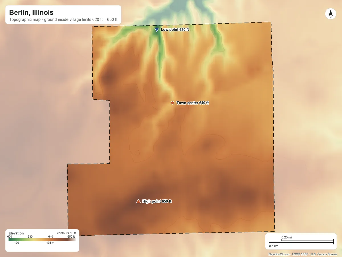 Topographic elevation map of Berlin, Illinois, shaded from 620 ft on the north side to 650 ft on the south side