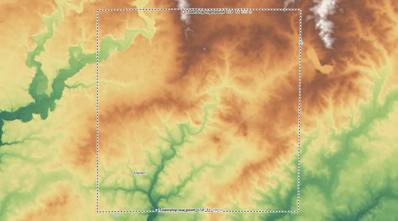 Topographic elevation map of Berlin Township, Illinois, shaded from 650 ft on the south side to 810 ft on the north side