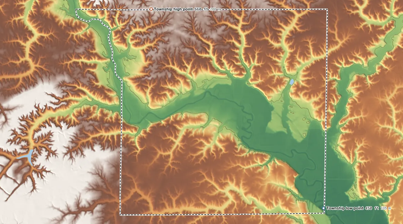 Topographic elevation map of Bernadotte Township, Illinois, shaded from 450 ft on the southeast side to 660 ft on the northwest side