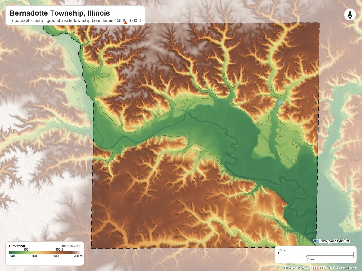 Topographic elevation map of Bernadotte Township, Illinois, shaded from 450 ft on the southeast side to 660 ft on the northwest side