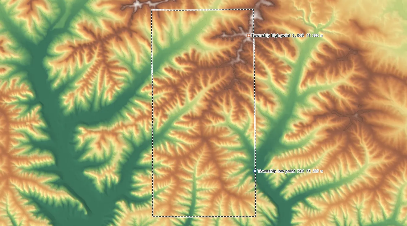 Topographic elevation map of Berreman Township, Illinois, shaded from 710 ft on the southeast side to 1,060 ft on the northeast side