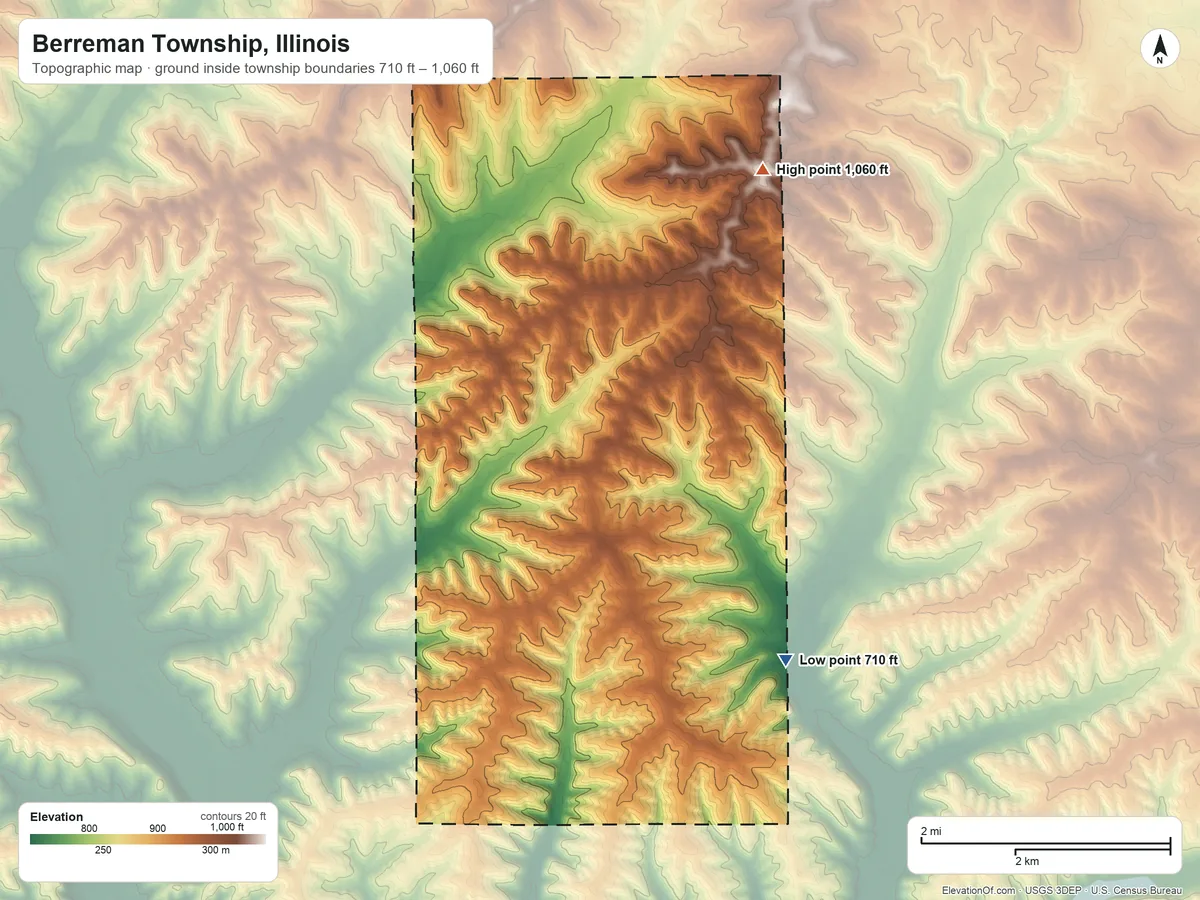 Topographic elevation map of Berreman Township, Illinois, shaded from 710 ft on the southeast side to 1,060 ft on the northeast side
