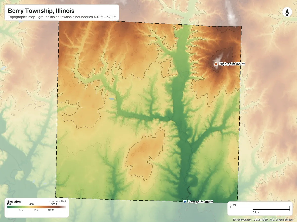 Topographic elevation map of Berry Township, Illinois, shaded from 400 ft on the south side to 520 ft on the northeast side