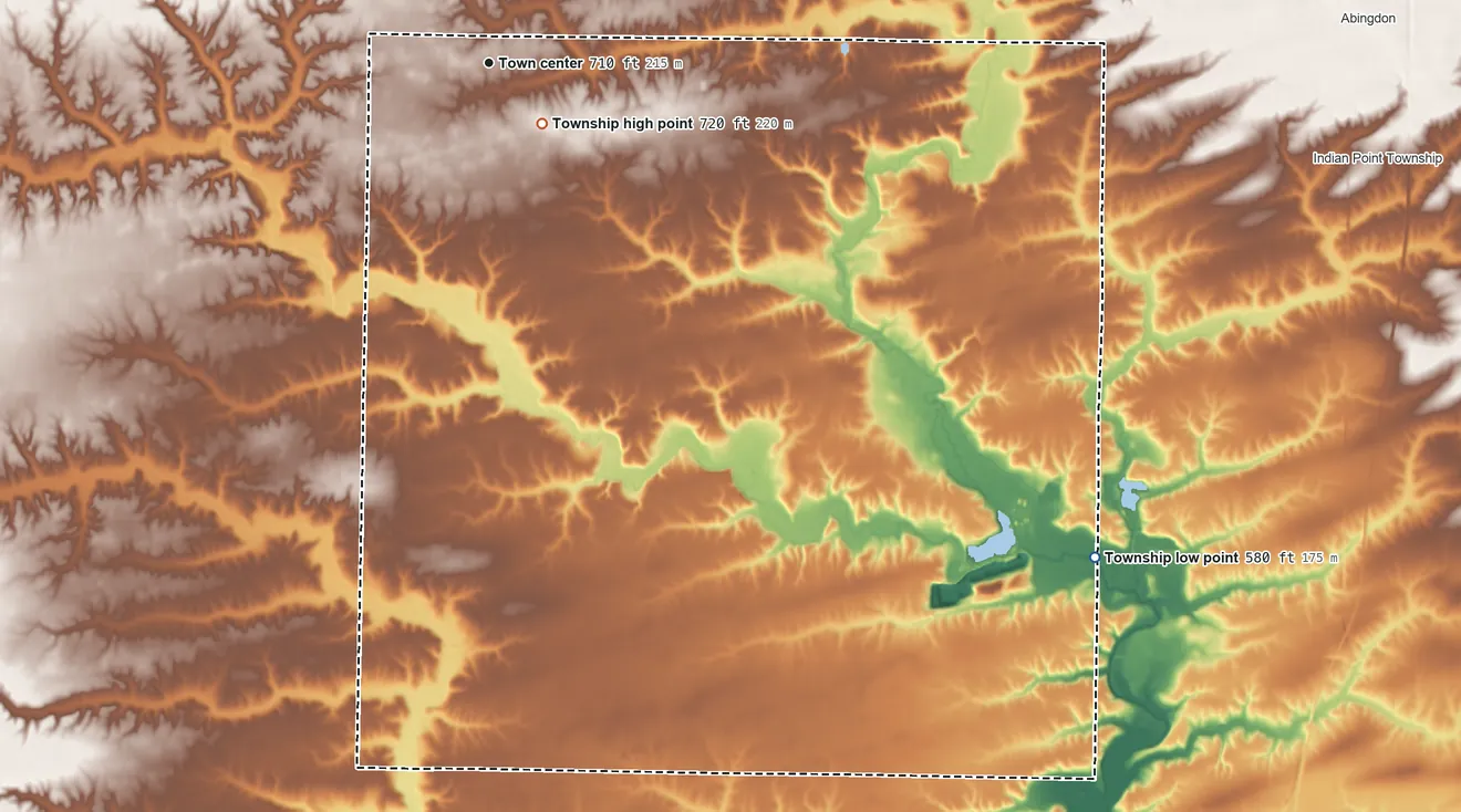 Topographic elevation map of Berwick Township, Illinois, shaded from 580 ft on the southeast side to 720 ft near the middle
