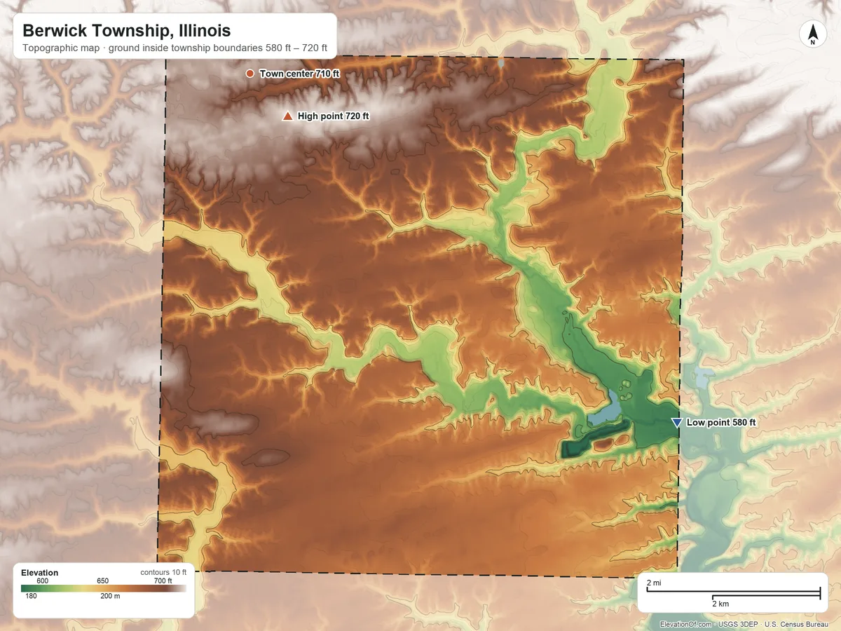 Topographic elevation map of Berwick Township, Illinois, shaded from 580 ft on the southeast side to 720 ft near the middle