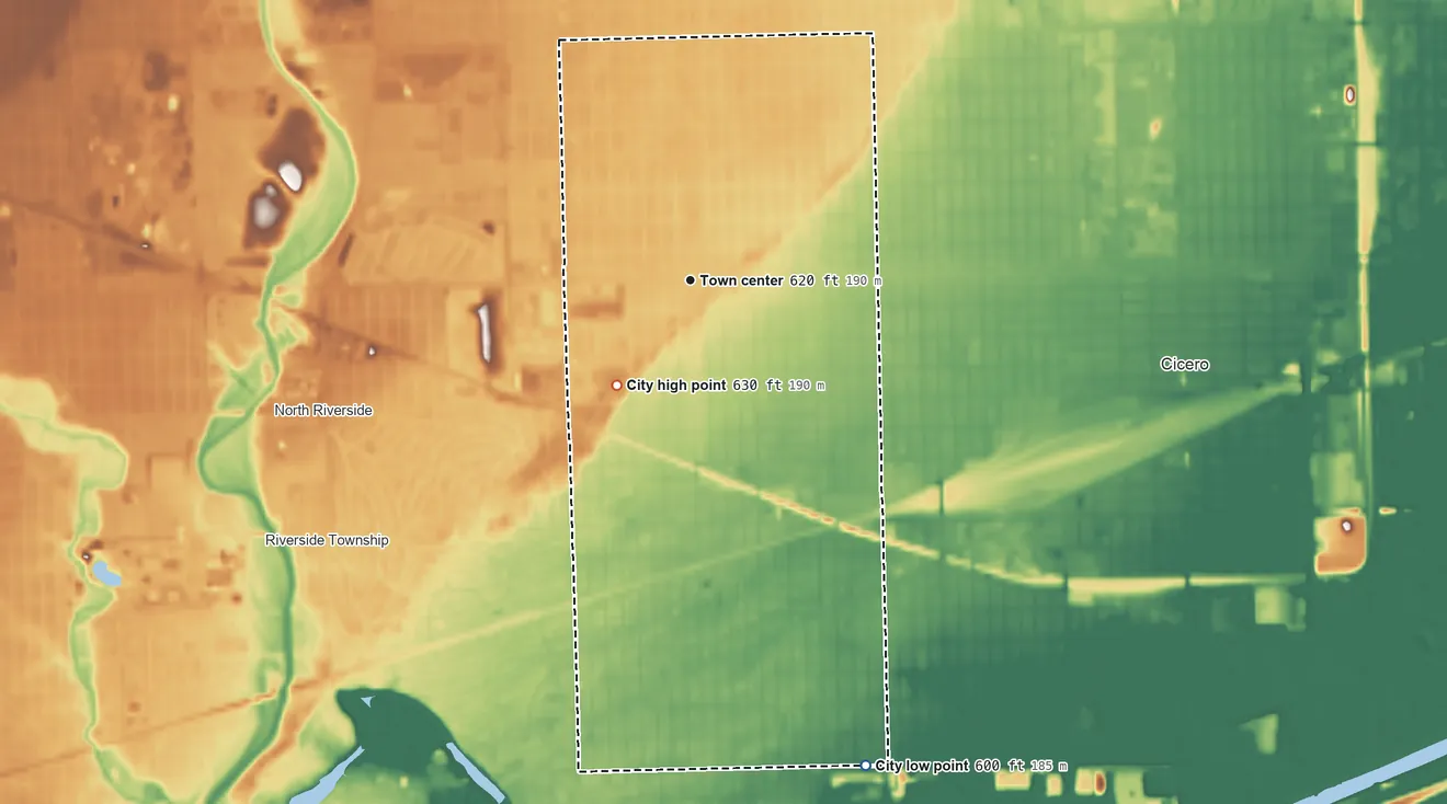 Topographic elevation map of Berwyn, Illinois, shaded from 600 ft on the south side to 630 ft on the southwest side