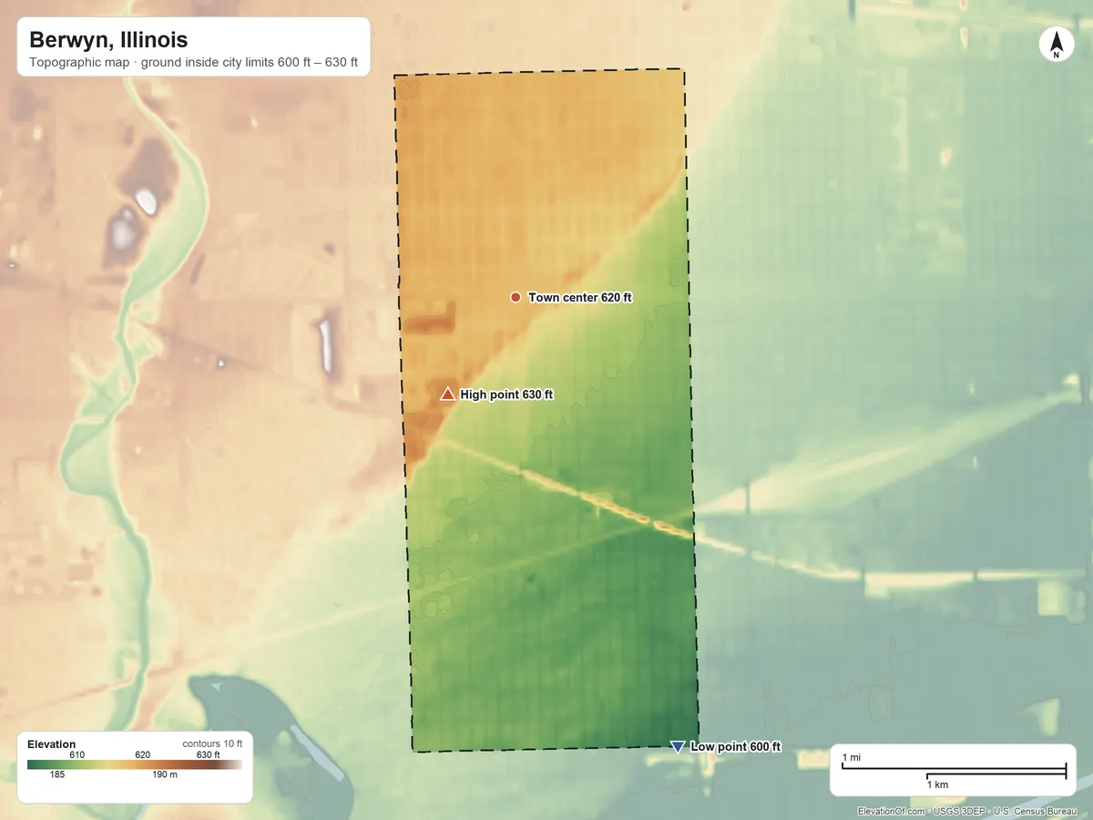 Topographic elevation map of Berwyn, Illinois, shaded from 600 ft on the south side to 630 ft on the southwest side