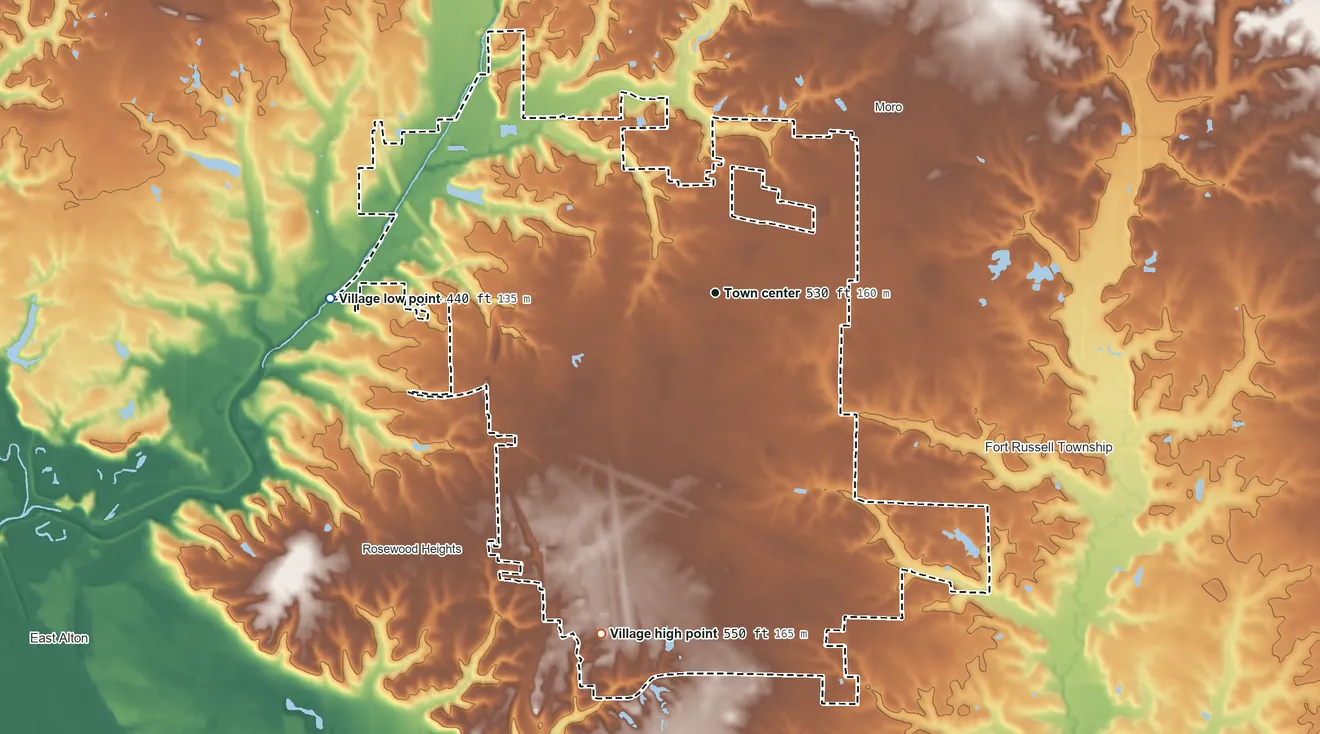 Topographic elevation map of Bethalto, Illinois, shaded from 440 ft on the west side to 550 ft on the south side