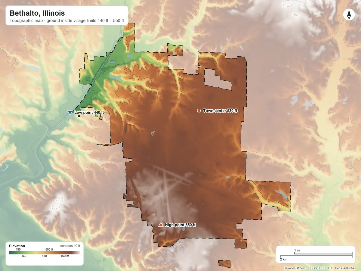 Topographic elevation map of Bethalto, Illinois, shaded from 440 ft on the west side to 550 ft on the south side
