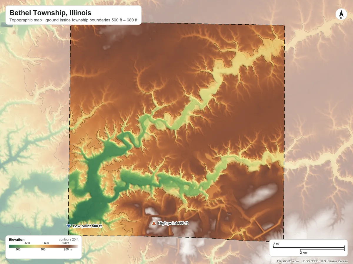 Topographic elevation map of Bethel Township, Illinois, shaded from 500 ft on the southwest side to 680 ft on the south side