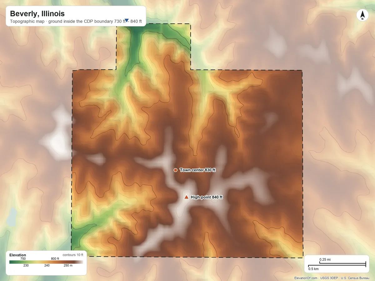 Topographic elevation map of Beverly, Illinois, shaded from 730 ft on the north side to 840 ft near the middle