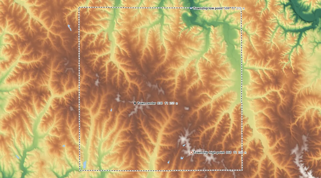 Topographic elevation map of Beverly Township, Illinois, shaded from 580 ft on the northeast side to 860 ft on the southeast side