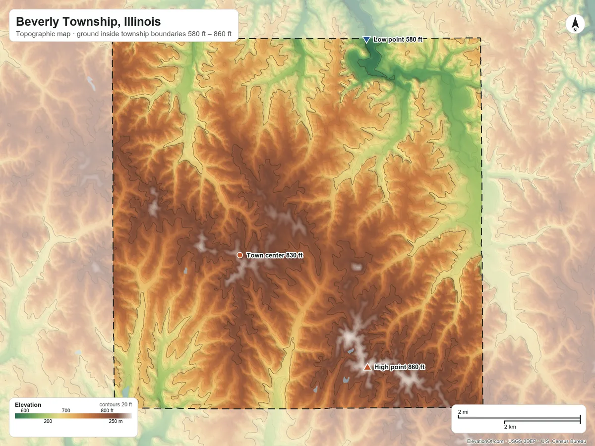 Topographic elevation map of Beverly Township, Illinois, shaded from 580 ft on the northeast side to 860 ft on the southeast side