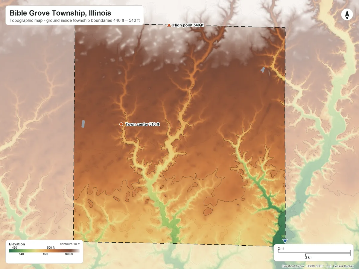 Topographic elevation map of Bible Grove Township, Illinois, shaded from 440 ft on the southeast side to 540 ft on the northeast side