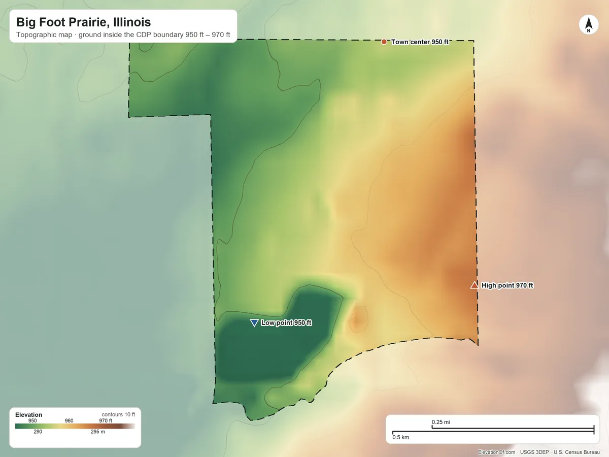 Topographic elevation map of Big Foot Prairie, Illinois, shaded from 950 ft on the southwest side to 970 ft on the south side