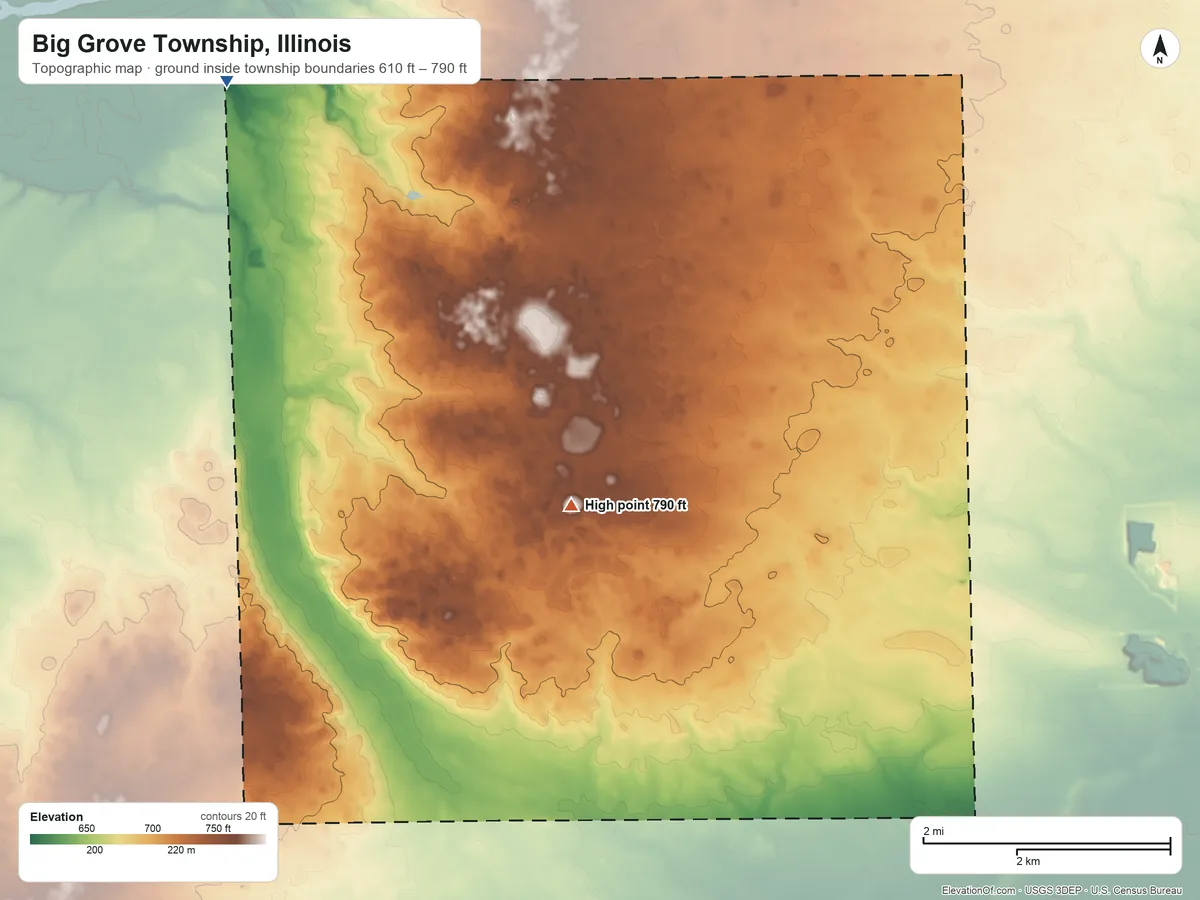 Topographic elevation map of Big Grove Township, Illinois, shaded from 610 ft on the northwest side to 790 ft on the south side